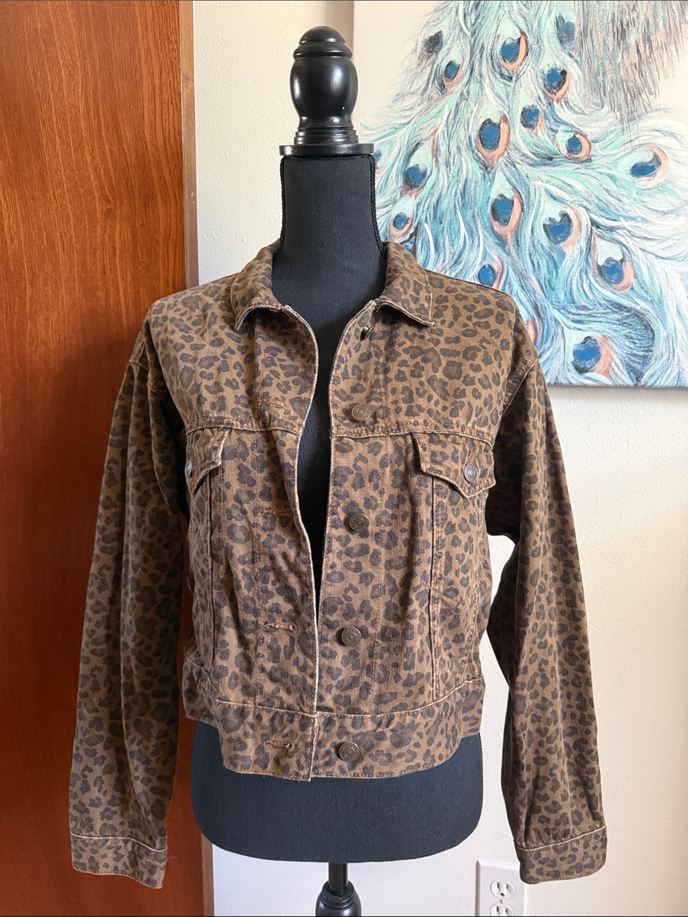 American Eagle Outfitters Brown Leopard Print Jean Jacket